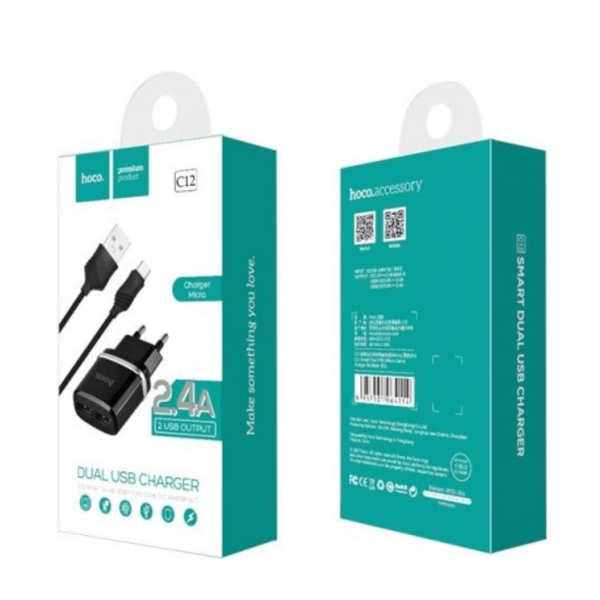 / Мережевий зарядний пристрій HOCO C12 Smart dual USB (Micro cable)charger set Black new