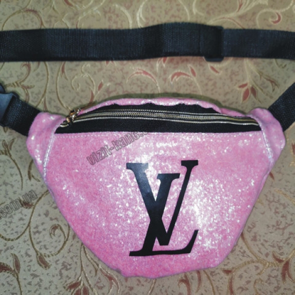 / Сумка-бананка LV жіноча, глянцева, молодіжна, двошарова, на пояс рожевий