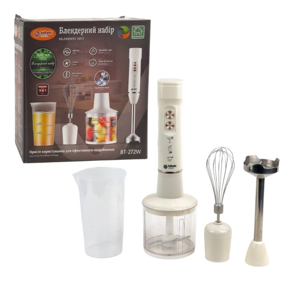 Блендер занурювальний з чашею 4в1 BITEK BT-272W 1800 Вт 0.45 л білий