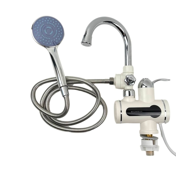 Електронагрівач проточний з душем LED дисплей Grunhelm EWH-1X-3FSH нижнє підведення вертикальний 3000 Вт білий