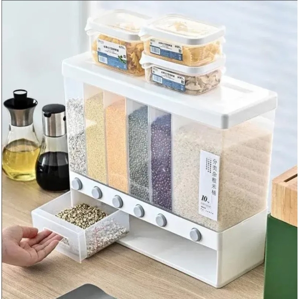 / ОРГАНАЙЗЕР для сипучих продуктів Assorted Grain Rice Bucket Диспенсер, з кнопкою дозатором для круп 6 секцій