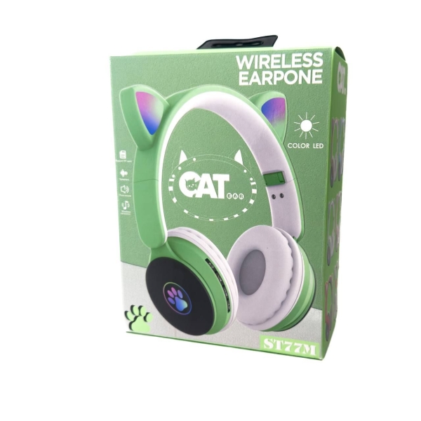 Навушники дитячі бездротові накладні Wireless Earphone ST77M LED MP3 Bluetooth з вушками зелений