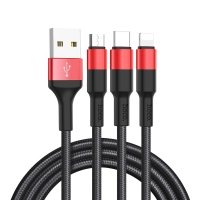 Кабель 3в1 USB/Apple Lightning+Type-C+microUSB 1 м Hoco X26 Xpress чорний з червоним