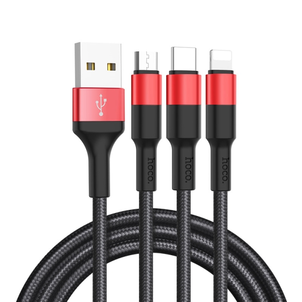 Кабель 3в1 USB/Apple Lightning+Type-C+microUSB 1 м Hoco X26 Xpress чорний з червоним
