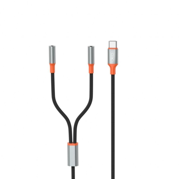 Перехідник 2в1 Type-C M/2х3.5 мм AUX F 1.2 м XO NB-R269B чорний зі сріблястим