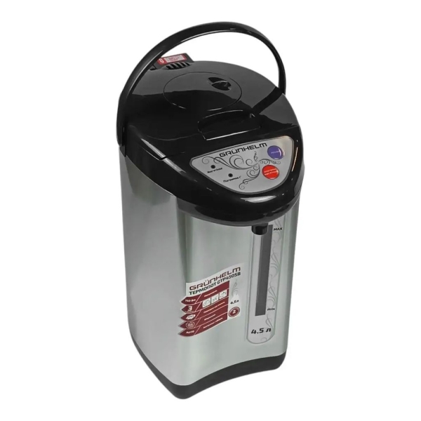 Термос електричний термопот Grunhelm GTP450SB нержавіюча сталь 4.5 л чорний зі сріблястим