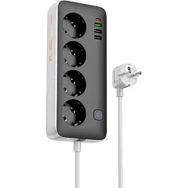 Мережевий фільтр-подовжувач 4 розетки HOCO AC22 Sunlight 3хUSB/Type 1.5 м чорний з сірим