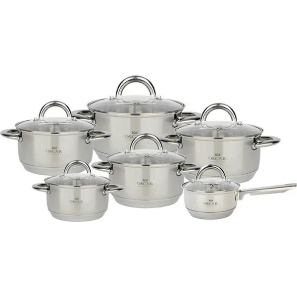 Набір каструль нержавіюча сталь 12 предметів Oscar OSR-4002 Verona зі скляними кришками сріблястий
