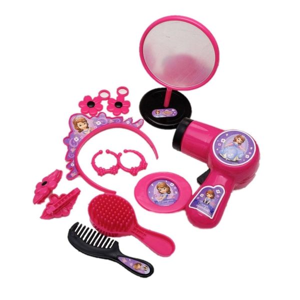 / Набір аксесуарів 9 деталей, фен-повітря, гребінці, дзеркало, корона, сережки, в пакеті