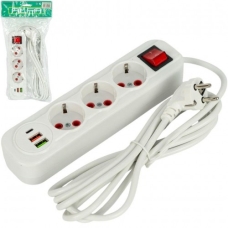 Електричний подовжувач на 3шт/3м та 2 USB+1Type-C з вимикачем 504 new
