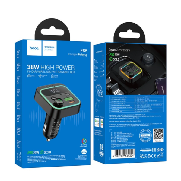 АЗП з FM-модулятором HOCO E85 Tiger PD20W+QC3.0 car BT FM transmitter Black new