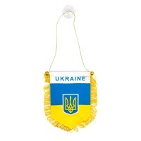 Вимпел прапор України вертикальний 14 х 10 см на присосці с гербом та бахрамою жовтий з блакитним