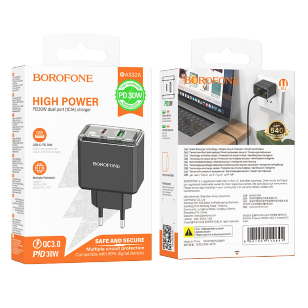 Мережевий зарядний пристрій BOROFONE BAS32A Treasure PD30W+QC3.0 charger(EU) Black new
