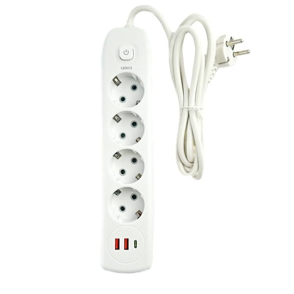 Мережевий фільтр-подовжувач 4 розетки Q603 2хUSB Type-C 2.1 А 2 м білий