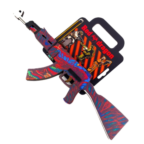 Дитячий автомат дерев'яний АК-47 HYPER BEAST 3781 з мішенями 60 см червоний з синім