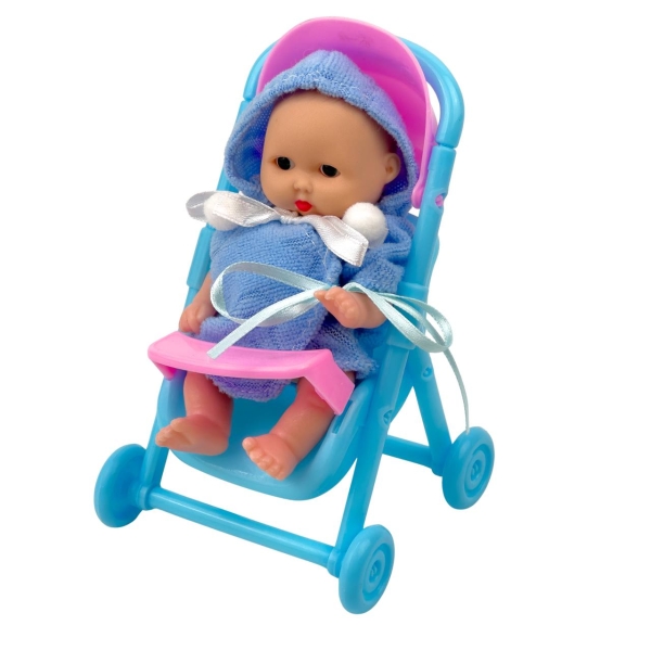 Пупс Baby Toys YD1350-6 у блакитному халатику з коляскою шарнірний 12 см