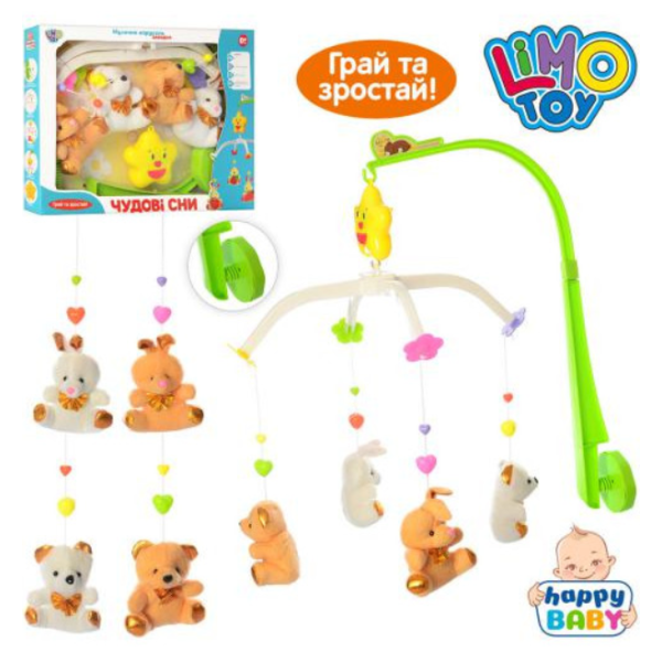 Карусель D062 (36шт) на ліжечко, заводна, підвіски 4шт, плюш, в кор-ці, 40-30-5см new