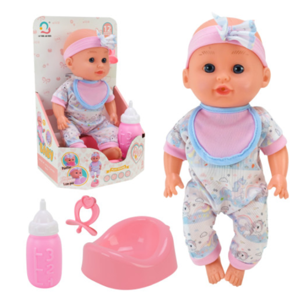 Пупс H06-6 у рожево-блакитному комбінезоні з аксесуарами та звуковими ефектами шарнірний 28 см