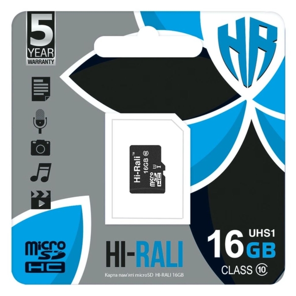 / Карта пам'яті microSDHC Hi-Rali 16 Гб, Class 10 UHS-1, (без адаптера), чорний