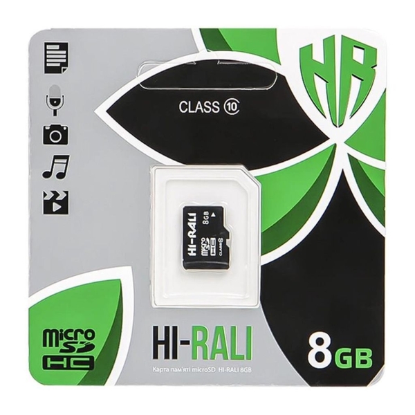 / Карта пам'яті microSDHC Hi-Rali 8 Гб, Class 10 / U1, (без адаптера), чорний