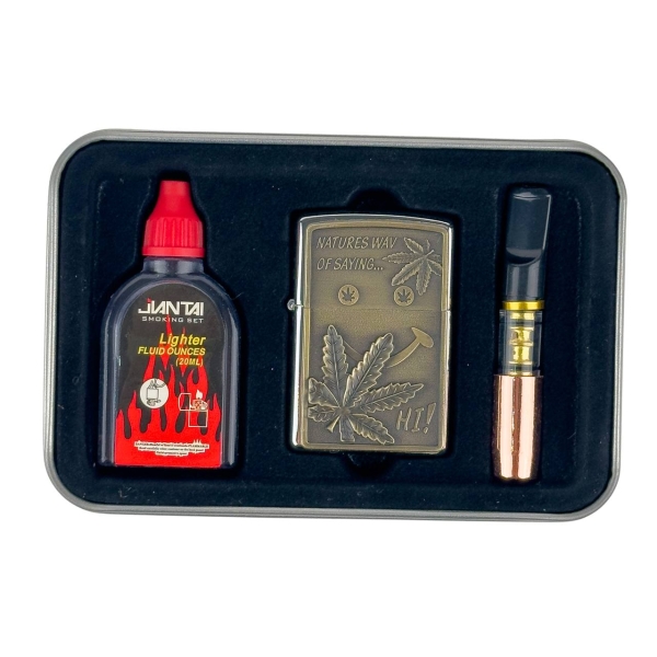 Набір запальничка бензин мундштук Конопля 20-35 кремнієвий підпал метал золотистий