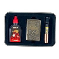Набір запальничка бензин мундштук Конопля 20-35 кремнієвий підпал метал золотистий