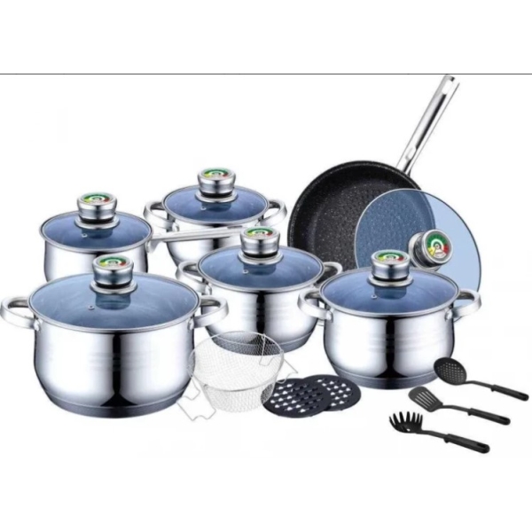 Набір посуду змішаний нержавіюча сталь 18 предметів Banoo BN-5003 із скляними кришками сріблястий