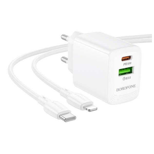 Зарядний пристрій з кабелем USB+Tурe-C/Apple Lightning 1 м BOROFONE ВN29 30 W 2.5 А 12 V білий
