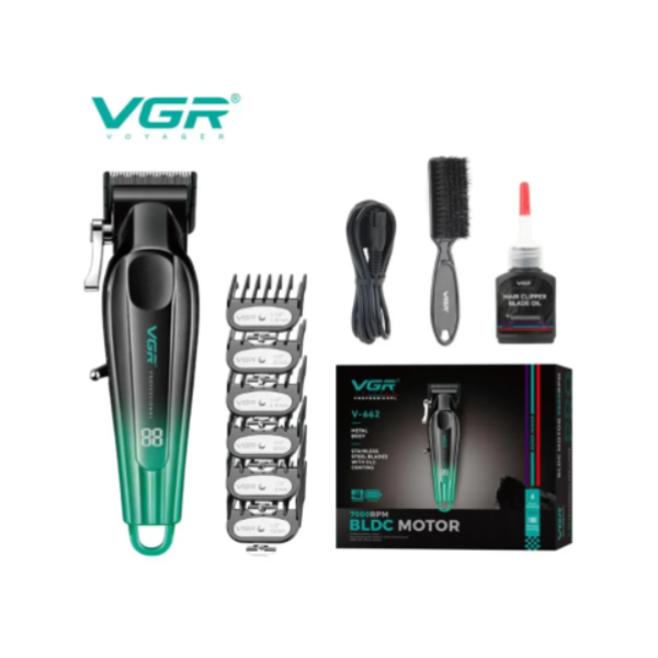Бездротова машинка для стрижки волосся VGR V-662 USB з дисплеєм 6 насадок чорний з зеленим