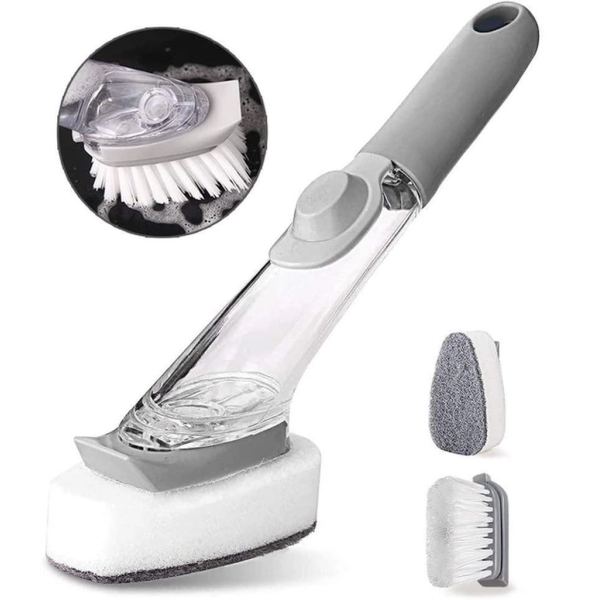 / Багатофункціональна щітка Decontamination wok brush для миття посуду, з ручкою, дозатором для миючого, сірий