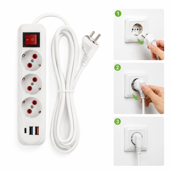 Мережевий фільтр-подовжувач 3 розетки 505 2хUSB/Type C 10 А 5 м білий
