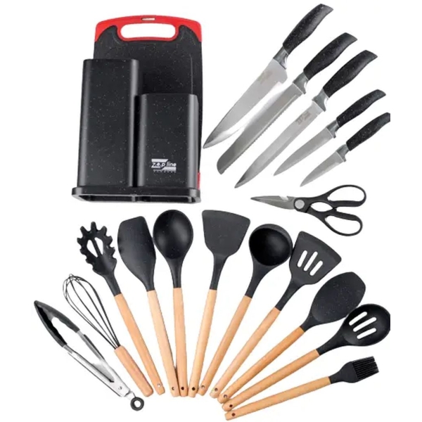 Набір ножів та кухонного приладдя з підставкою 19 предметів Zepline ZP-067 чорний