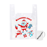 Пакет майка Велпакс "Санта" (300+80х2)х450 мм З ЛОГО 50 мкм прозорий new