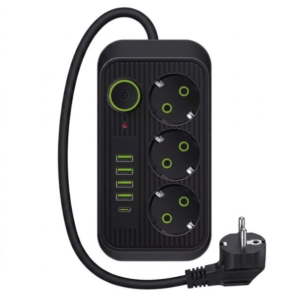 Мережевий фільтр (подовжувач) Power — Socket F09U 3 розетки 4 USB + Type-C 2 дюйми чорний 26X-209 new