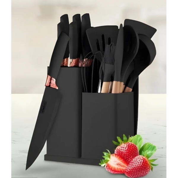 / Набір ножів та кухонного приладдя Zepline ZP0102 з 19 предметів на підставці, чорний із золотистим