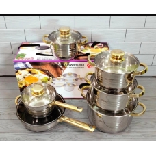 Набір посуду змішаний нержавіюча сталь 12 предметів Grandhoff Gold GR-7012 із скляними кришками