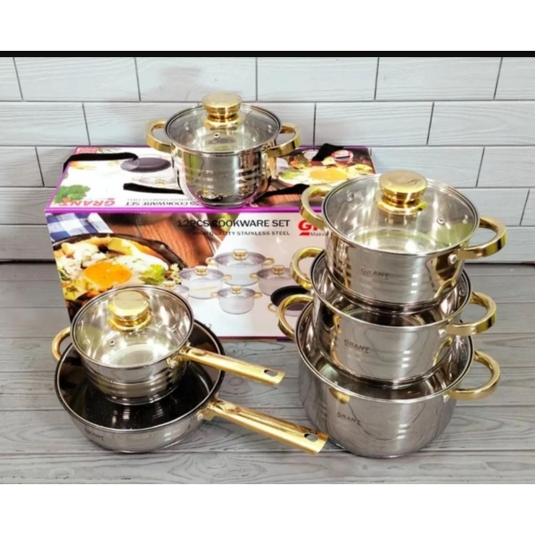 Набір посуду змішаний нержавіюча сталь 12 предметів Grandhoff Gold GR-7012 із скляними кришками