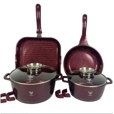 Набір посуду змішаний мармурове покриття 7 предметів Top Kitchen TK-00031 із скляними кришками бордовий