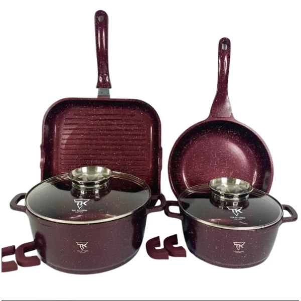 Набір посуду змішаний мармурове покриття 7 предметів Top Kitchen TK-00031 із скляними кришками бордовий