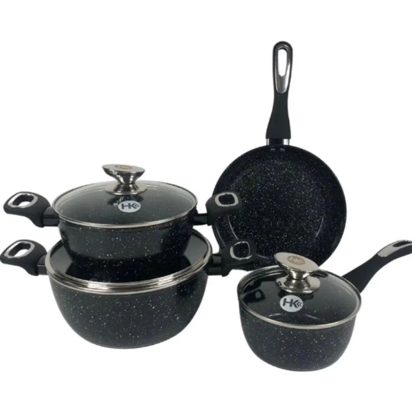 Набір посуду змішаний гранітне покриття 7 предметів Higher Kitchen НК-314 зі скляними кришками сірий