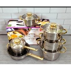 Набір посуду змішаний нержавіюча сталь 12 предметів Grandhoff Gold GR-7012 із скляними кришками