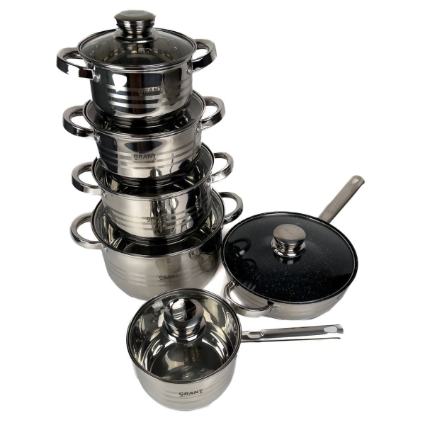 Набір посуду змішаний нержавіюча сталь 12 предметів Grandhoff GR-4720 зі скляними кришками сріблястий