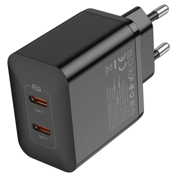 Зарядний блок живлення 2хType-C HOCO N35 Streamer 45 W чорний
