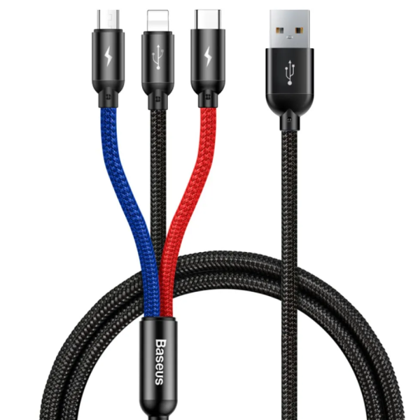 Кабель 3в1 USB/Apple Lightning+Type-C+microUSB 0.3 м Baseus Three Primari Colors 3.5 A чорний