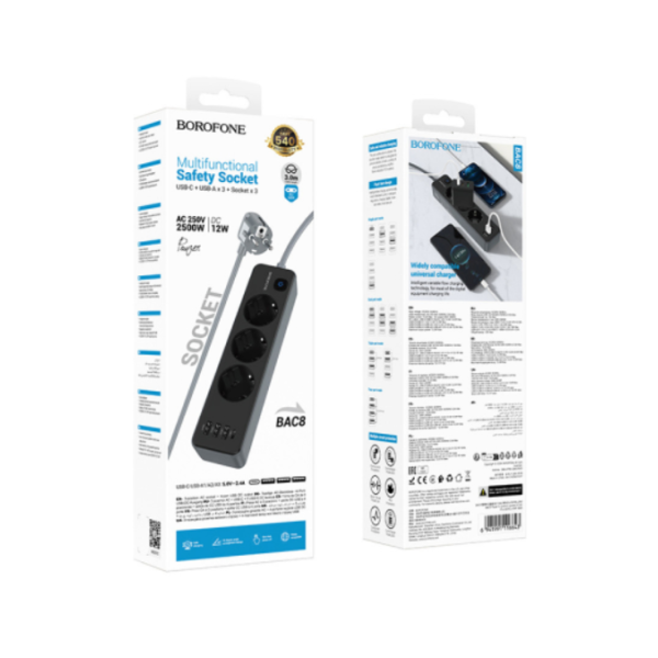 Мережевий фільтр-подовжувач 3 розетки BOROFONE BAC8 Power 3хUSB/Type C 10 А 3 м чорний з сірим
