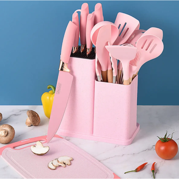 Набір кухонного приладдя для будинку на підставці, Кухонний набір TS Kitchen 19 штук із силікону Рожевий new