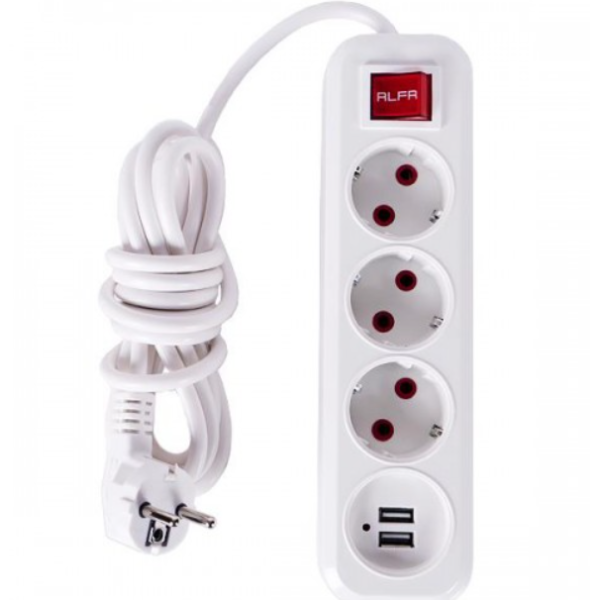 Електричний подовжувач з вимикачем на 3шт/3м та 2 USB ALFUSB3M new