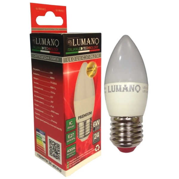 Лампа світлодіодна LED Lumano ДС C37 E27 6W 4000K 540Lm 06274 нейтральне біле