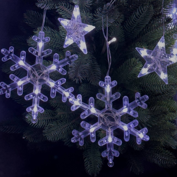 Світлодіодна гірлянда-завіса прозорий дріт Зірки та сніжинки 12 LED 3 х 1 м білий