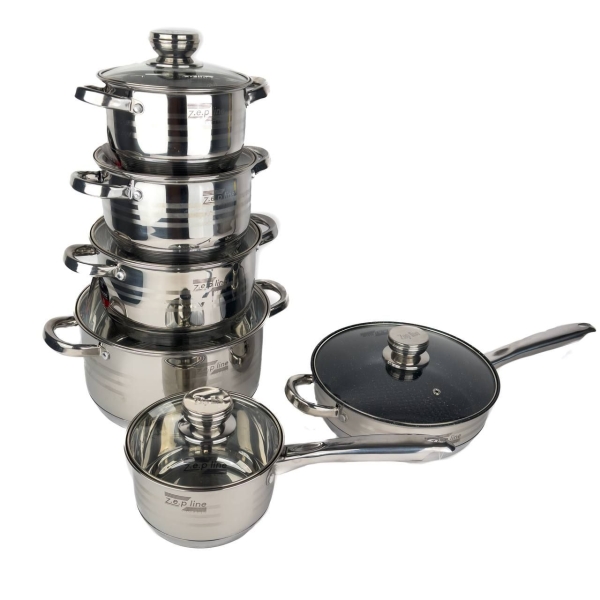 Набір посуду змішаний нержавіюча сталь 12 предметів Zepline ZP 075 із скляними кришками сріблястий